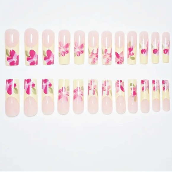 Yellow French Tip & Pink Floral Press On Nail Art Reusable Long Length NWT - Picture 3 of 8